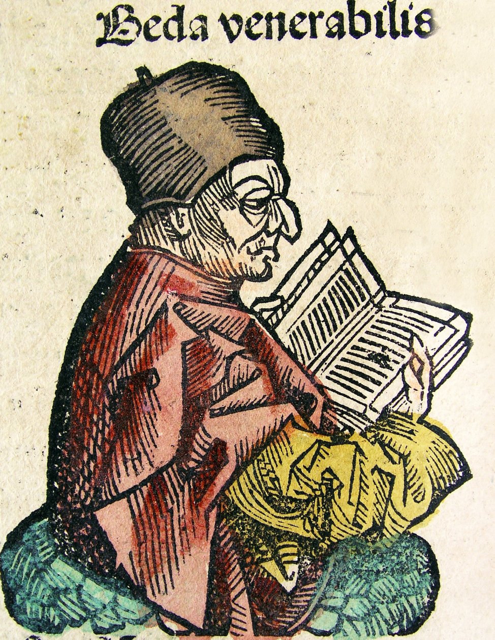 Portrét Bede (673-735), publikovaný v Norimberské kronice, 1493 od German School