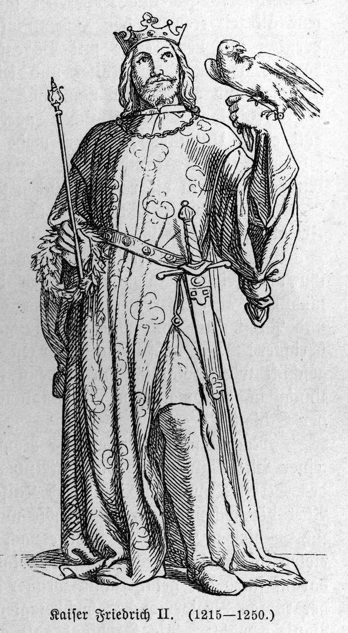 Portrét Frederika II. z Hohenstaufenu (1194-1250), krále Svaté říše římské. Rytina v „“ Kaiser, Konig und Papft““ od Richarda Rotha od German School