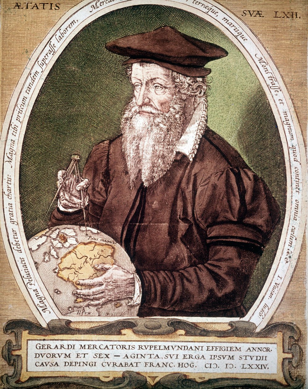 Portrét Gerharda Kremera dit Gerardus Mercator (1512-1594). Falešný název prvního vydání Atlasu. od German School