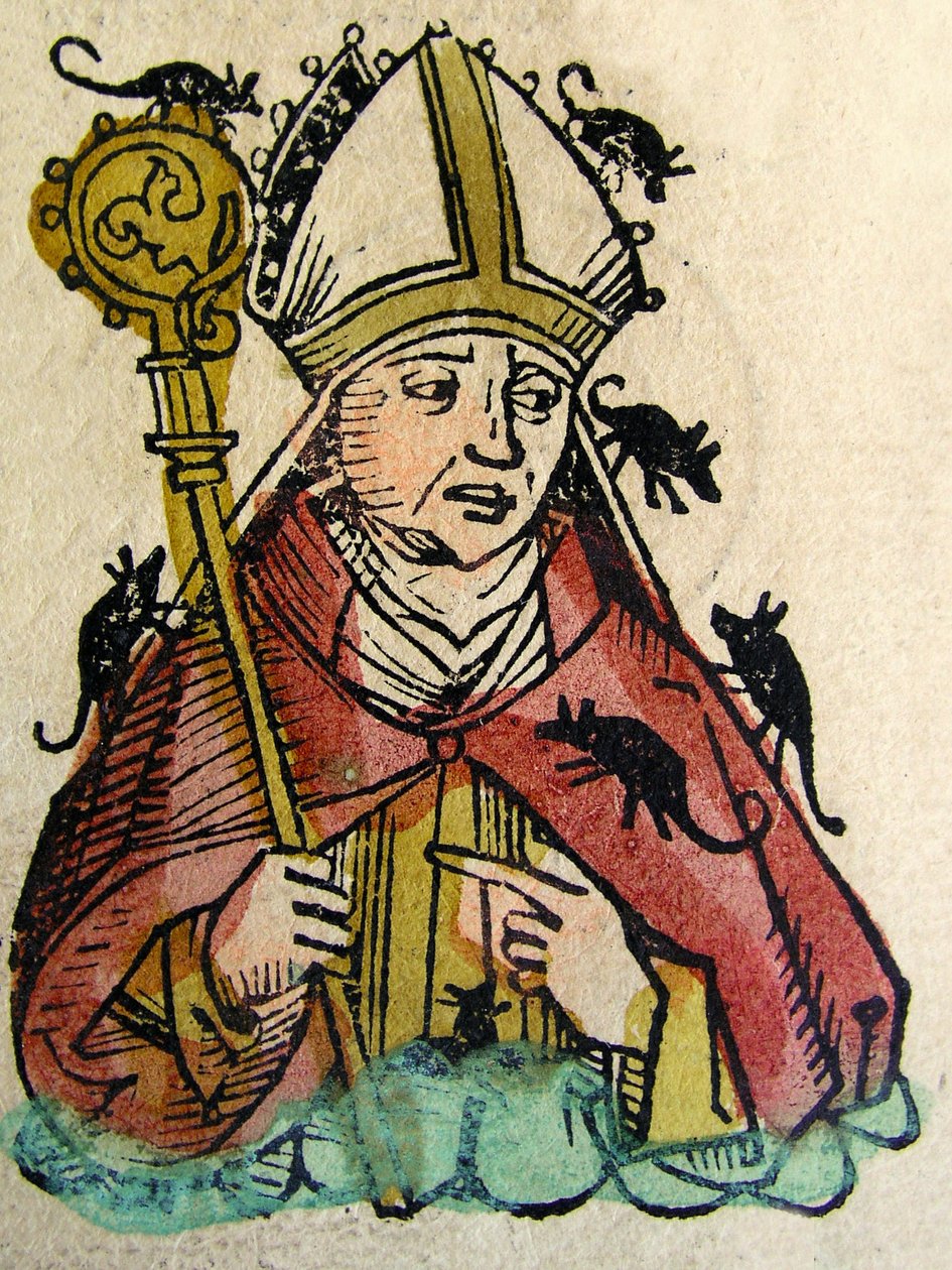 Portrét Hatta, mohučského arcibiskupa, vyobrazeného zaživa sežraného myšmi, publikovaný v Norimberské kronice, 1493 od German School