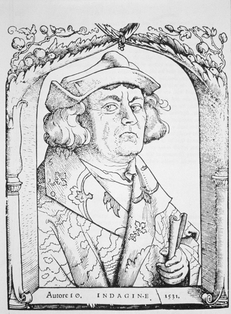 Portrét Jana z Indagine, podle Hanse Baldunga Griena, z Chiromantie od Ioannese ab Indagine, Štrasburk 1531, ilustrovaný v Dějinách magie, vydané koncem 19. století od German School