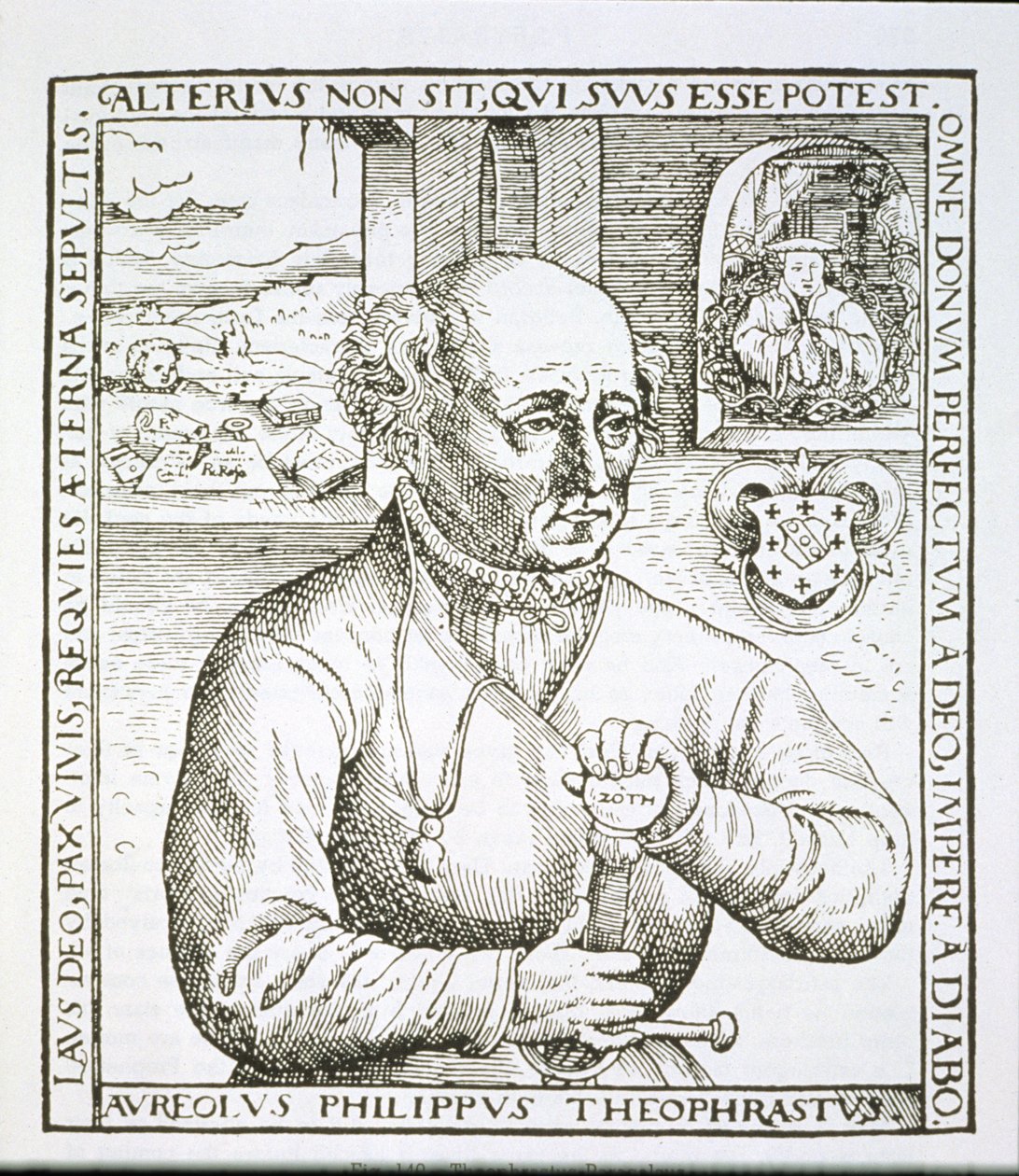 Portrét Theophrasta Paracelsa (1493-1541), kopie ilustrace z jeho knihy Astronomica et Astrologica Pouscula, Kolín nad Rýnem 1567, použitá v Historii magie, vydané koncem 19. století (woodc od German School