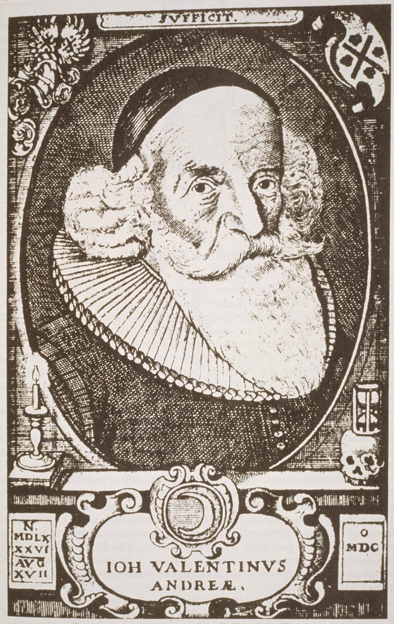Portrét Valentine Andreae (1568-1643), kopie německé rytiny ilustrované v Historii magie, vydané koncem 19. od German School