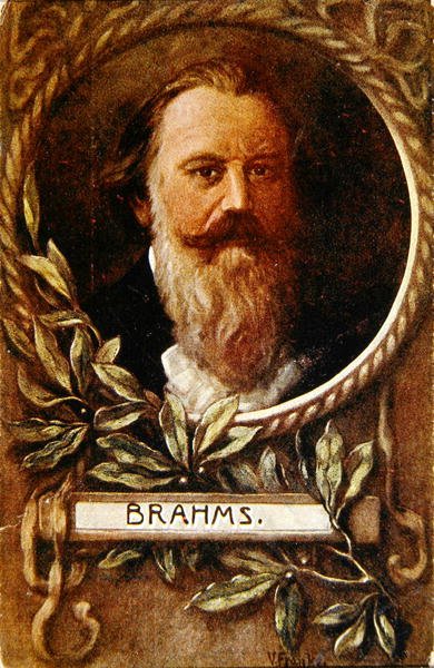 Pohlednice zobrazující Johannese Brahmse (1833-97) kolem roku 1910 (barevné lito) od German School