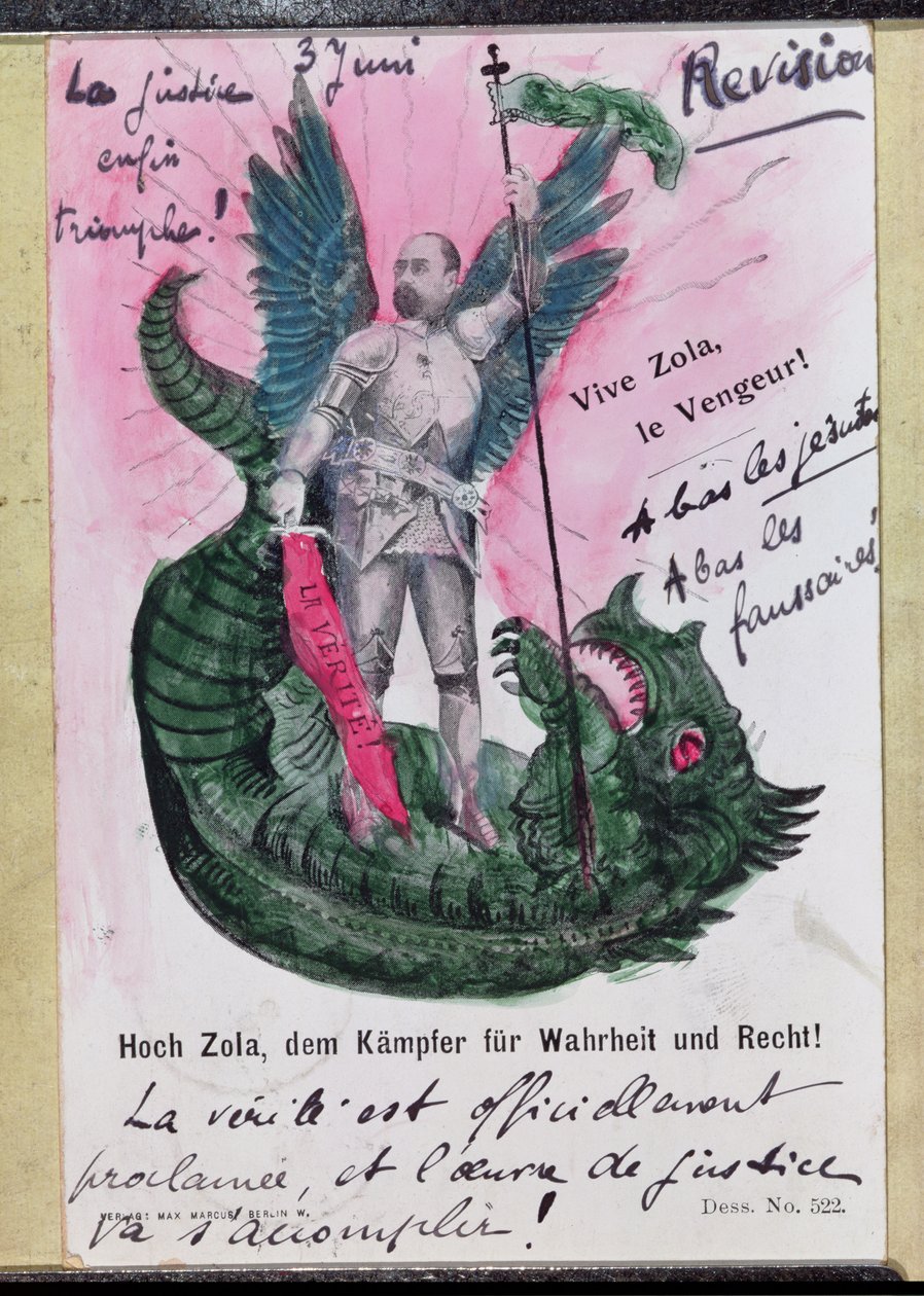 Pohlednice zobrazující Noble Zola, bojovníka za pravdu a spravedlnost s poznámkami (barevné lito s perem a inkoustem a wc) od German School