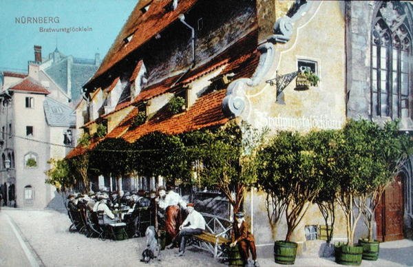 Pohlednice zobrazující restauraci Bratwurstglocklein v Norimberku, před rokem 1914 (barevné foto) od German School