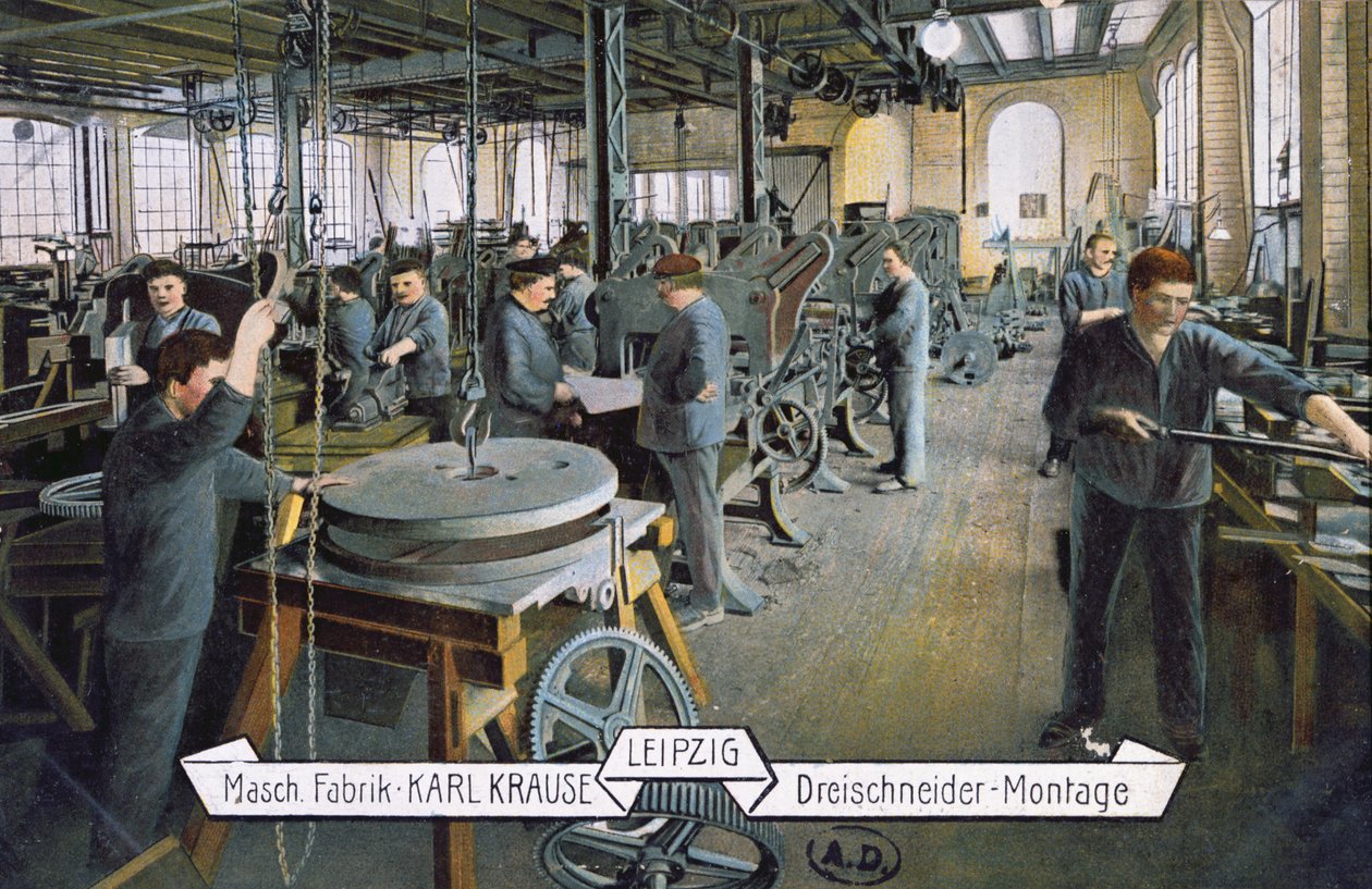 Pohlednice zobrazující továrnu Karla Krause v Lipsku, kolem roku 1905 (kolorované foto) od German School