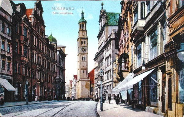 Pohlednice zobrazující Karolinenstrasse v Augsburgu, kolem roku 1910 (barevné foto) od German School