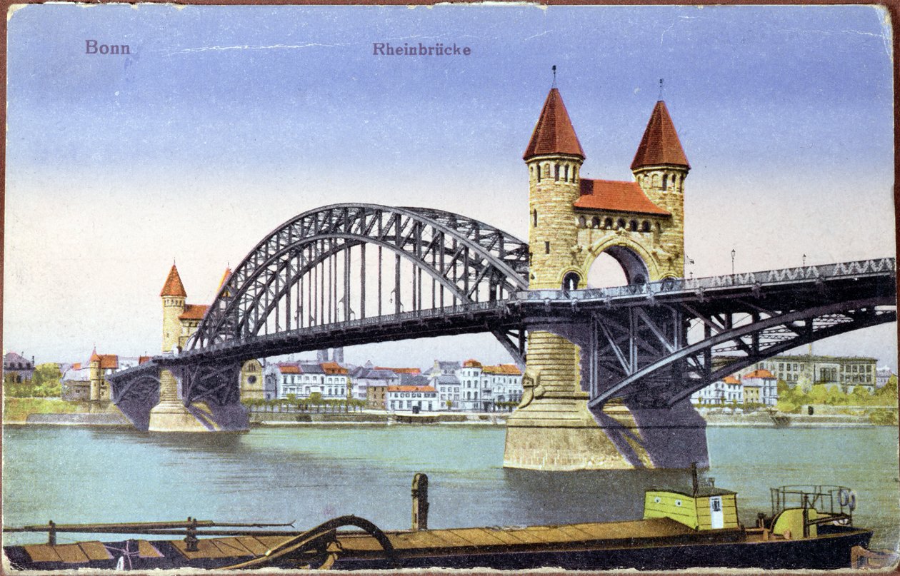 Pohlednice zobrazující most přes řeku Rýn v Bonnu, kolem roku 1900 (barevné foto) od German School