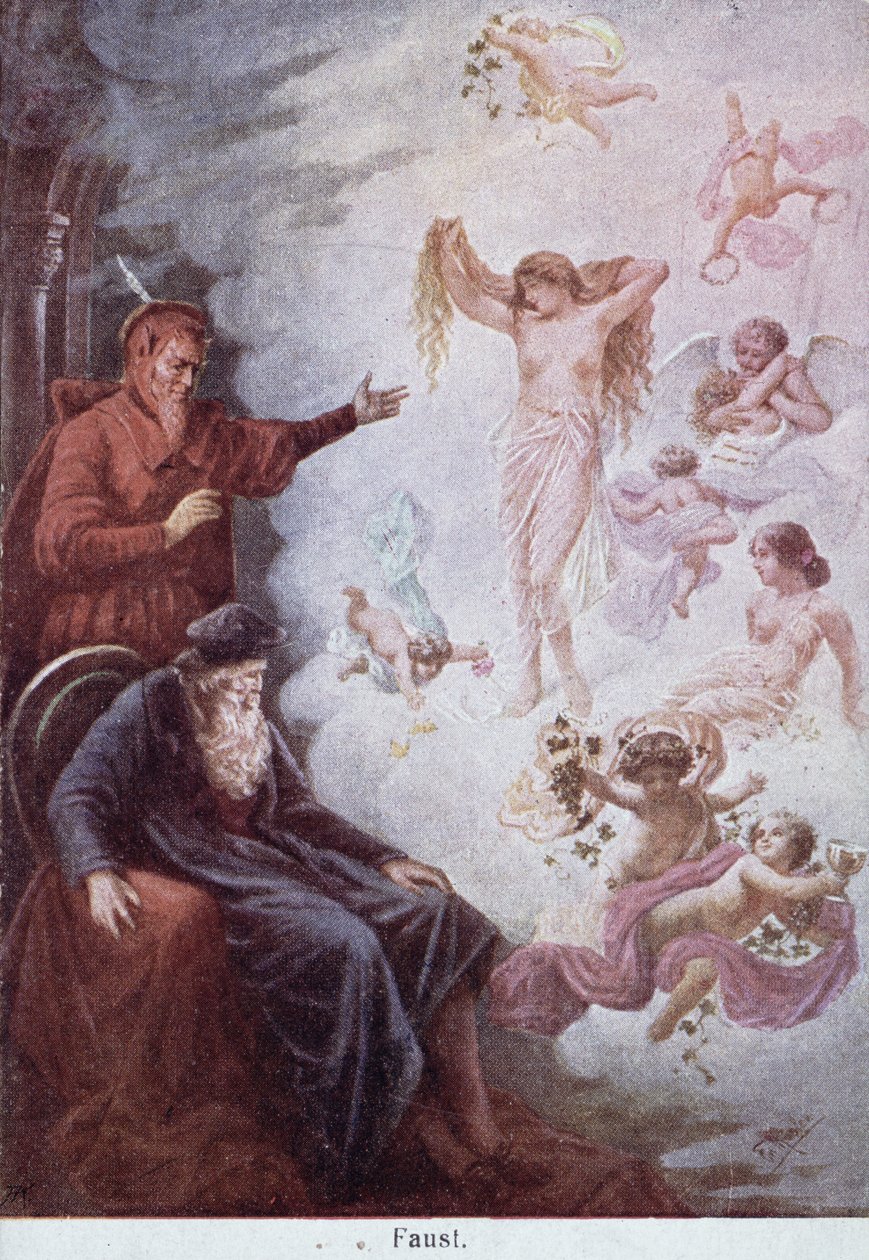 Pohlednice zobrazující pokušení Fausta od Mefistofela, kolem roku 1905 od German School