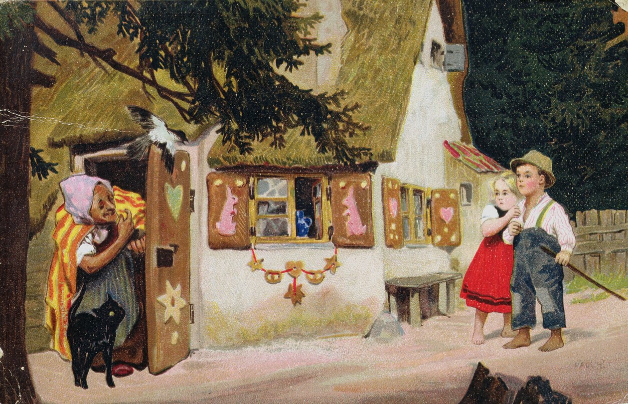 Pohlednice zobrazující čarodějnici zvoucí Jeníčka a Mařenku ke vstupu do perníkové chaloupky, kolem roku 1910 od German School