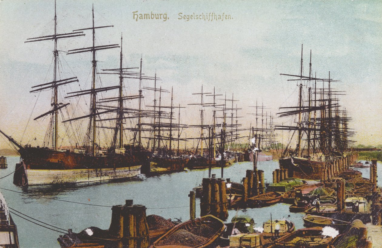 Pohlednice z přístavu plachetnic v Hamburku, kolem roku 1900 (barevné foto) od German School