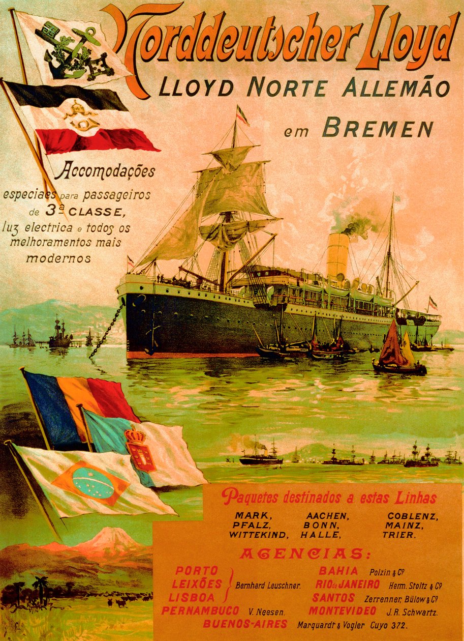 Plakát inzerující severoněmeckou Lloyd Line, 1898 od German School