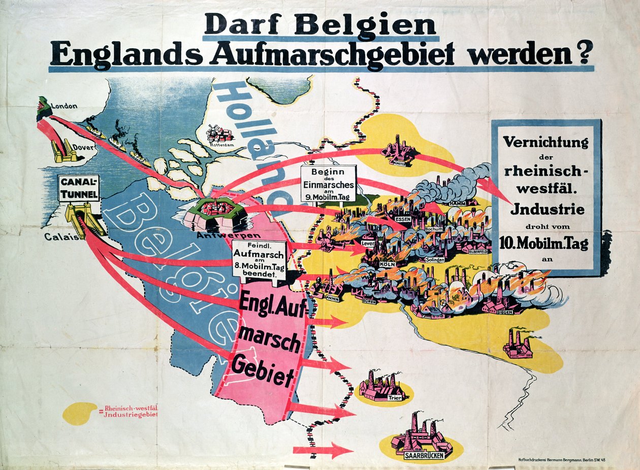 Plakát vyjadřující německé znepokojení nad navrhovanou výstavbou tunelu pod Lamanšským průlivem spojujícím Belgii a Anglii, cca 1914-18 od German School