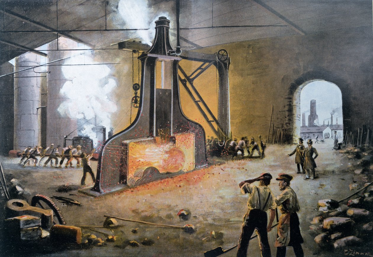 Elektrické kladivo vynalezené Jamesem Nasmythem v Německu v roce 1842, vyryto E. Zimmerem, z Le XIXeme siecle od Hanse Kraemera, kolem roku 1900 (barevná rytina) od German School