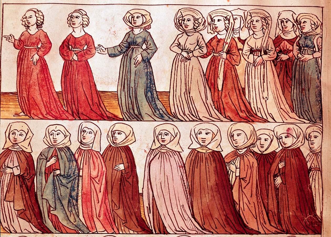 Průvod bohémských žen. Miniatura z „Kroniky kostnického koncilu“ od Ulricha Richentala (1360-1437) 1438 přibližně Praha, národní knihovna od German School