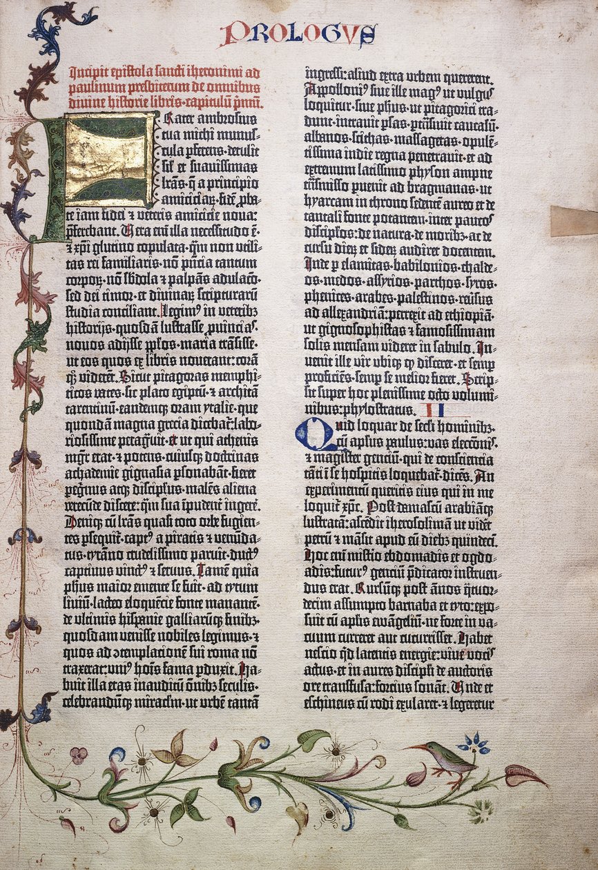 Prologové folio se zlatým a zeleným písmenem "F" a okrajem listů, květů, lián a ptáků, 1455 od German School