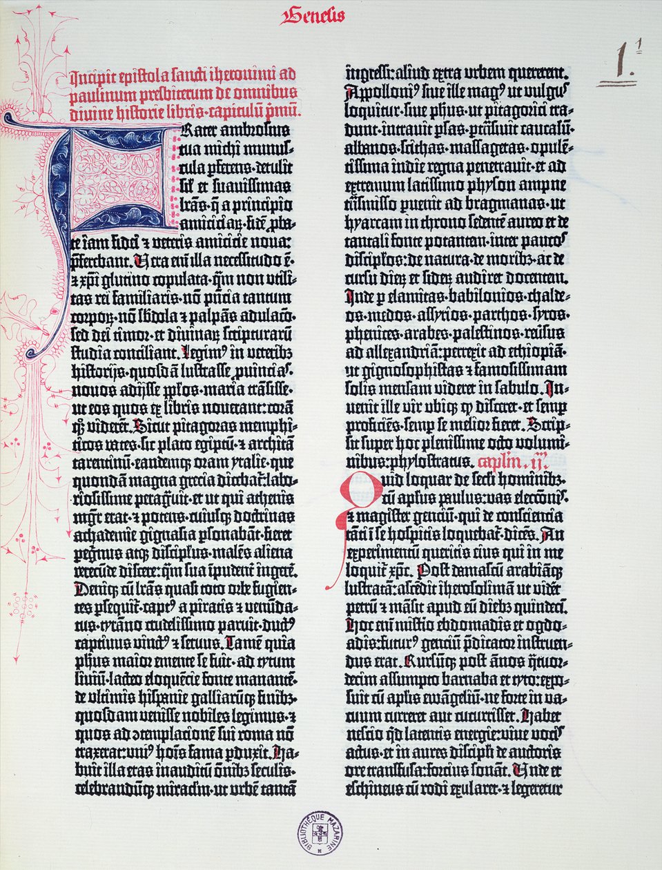 Prolog Gutenbergovy bible, tisk Johannes Gutenberg (asi 1400-68) & Peter Schoeffer (1425-1502) v Mohuči, 1454-56 (tištěný papír) od German School