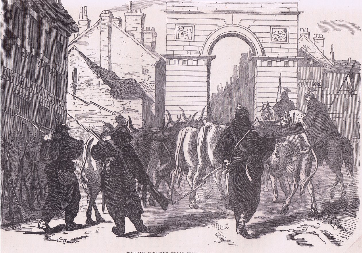 Pruské jednotky pro shánění potravy přivážející dobytek, Cassells History of the War between France and Germany vydané nakladatelstvím Cassell and Company Limited, kolem roku 1890 (litho) od German School