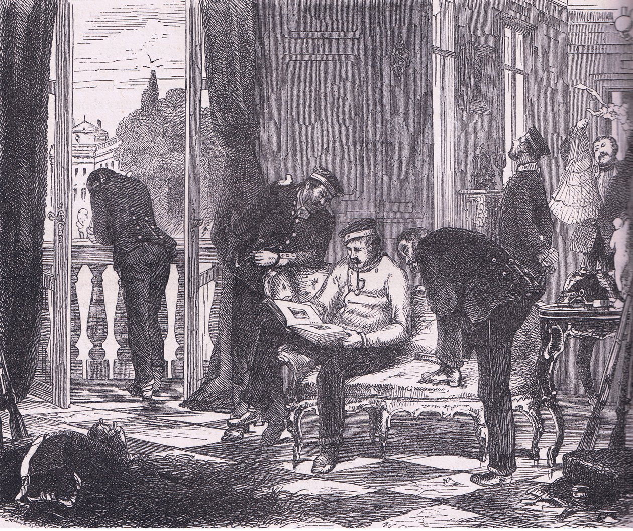 Prusové okupují vilu poblíž Paříže, Cassells History of the War between France and Germany vydané nakladatelstvím Cassell and Company Limited, kolem roku 1890 (litho) od German School