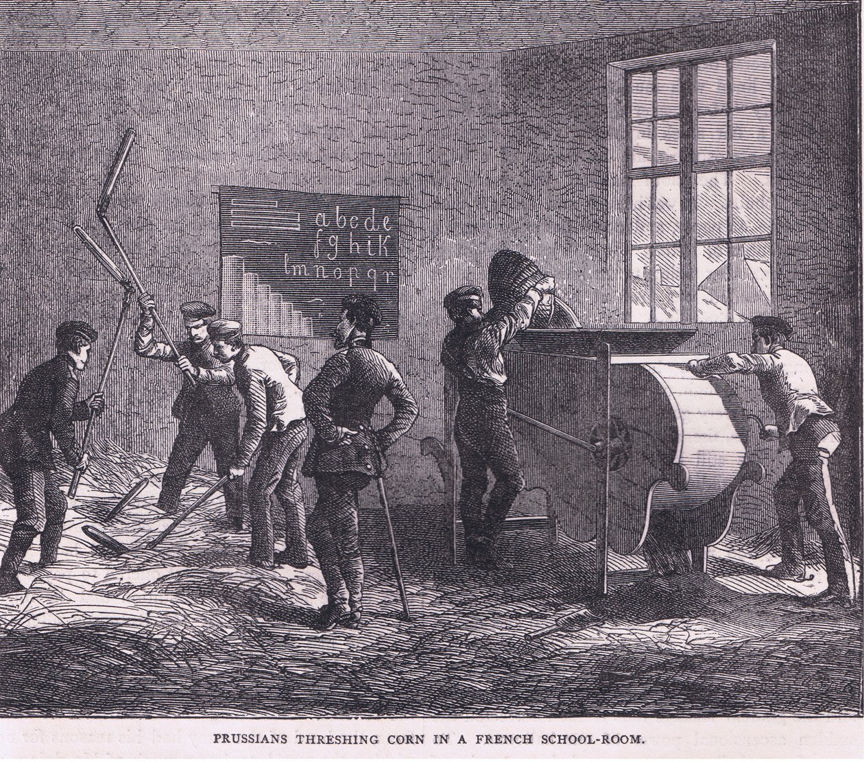 Prusové mlátili kukuřici ve francouzské učebně, Cassells History of the War between France and Germany vydané nakladatelstvím Cassell and Company Limited, kolem roku 1890 (litho) od German School