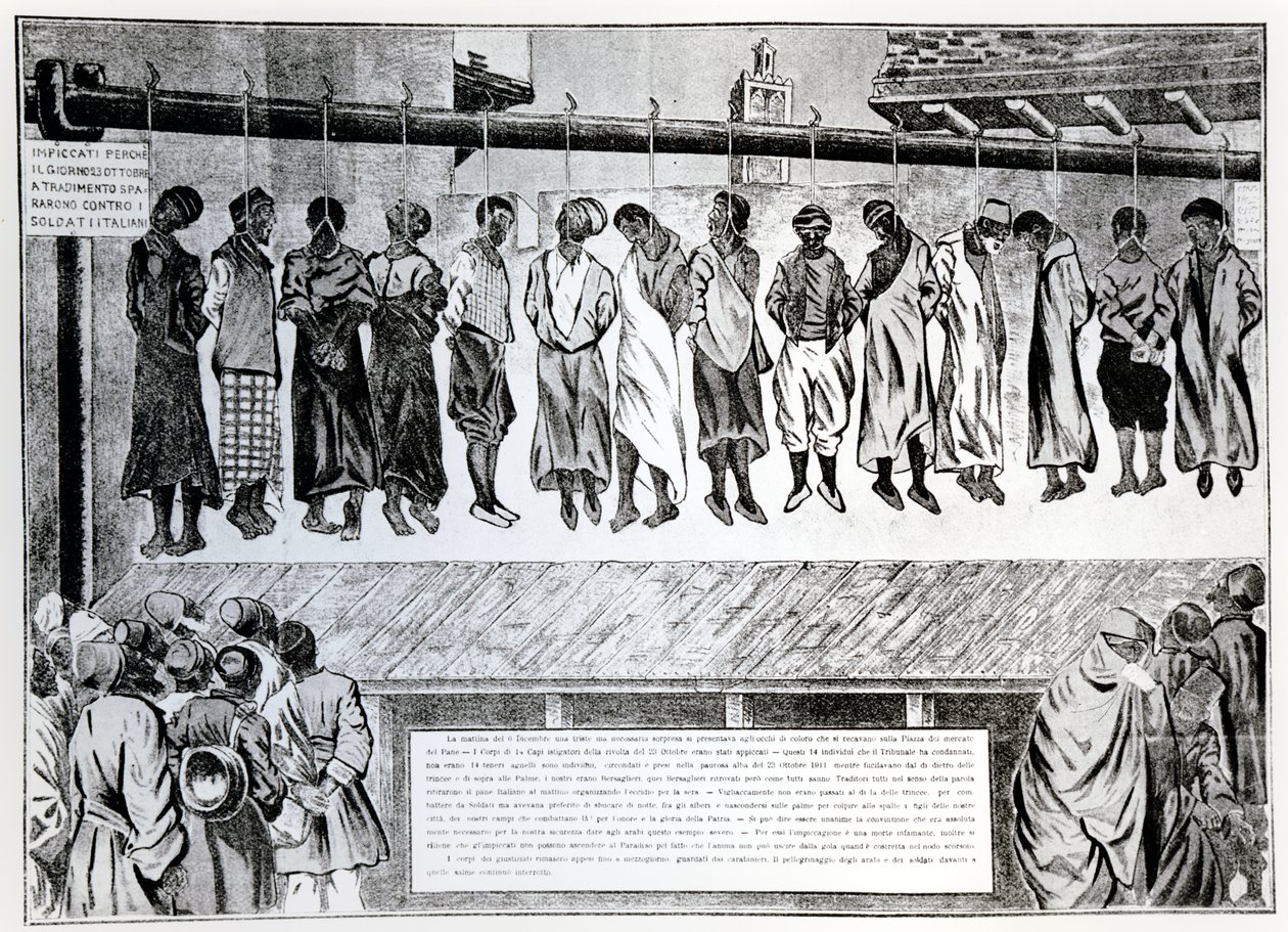 Veřejná poprava občanů Tripolisu, kteří se postavili proti italské invazi v roce 1911, z časopisu Simplicissimus, 1912 od German School