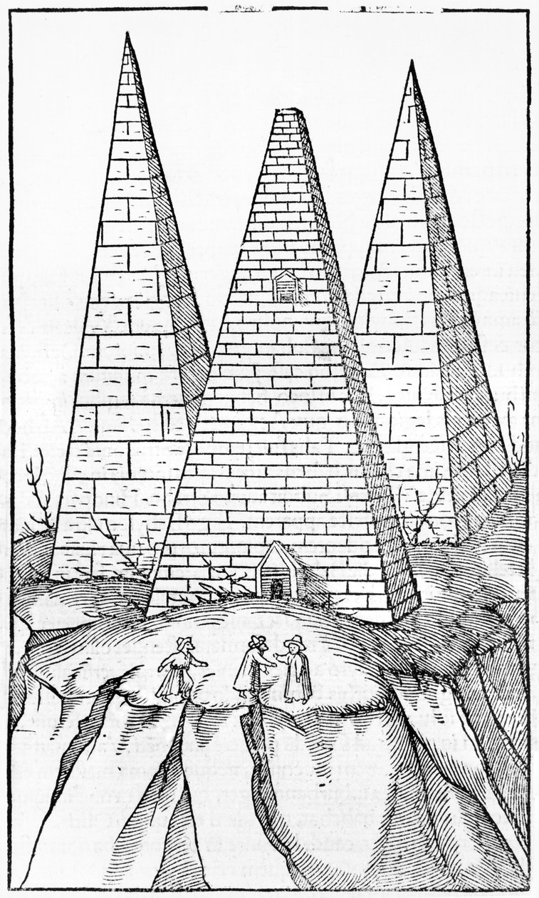 Egyptské pyramidy, ilustrace z Cosmographie Universelle od Sebastiena Munstera (1488-1552) Basilej, vydáno 1554 od German School