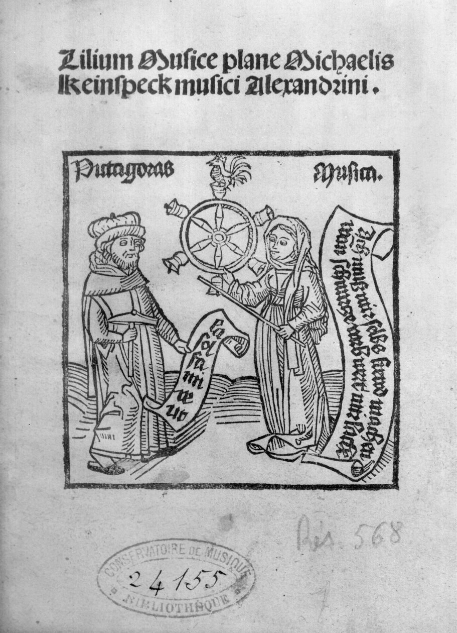 Pythagoras (asi 580-500 př. n. l.) a hudba, titulní strana z Lilium Musicae od Michaela Keinspecka, Augsburg, vydané v roce 1500 od German School