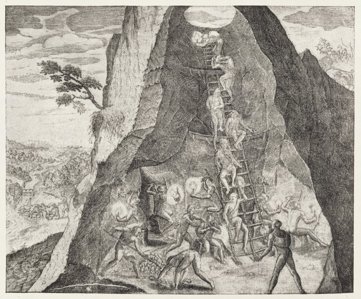 Malebný obrázek dělníků v dolech v Potosí z Gottfriedova díla "Historia Antipodum", vydaného v roce 1655, z knihy "The Romance of the River Plate", svazek I, W. H. Koebel, 1914. od German School