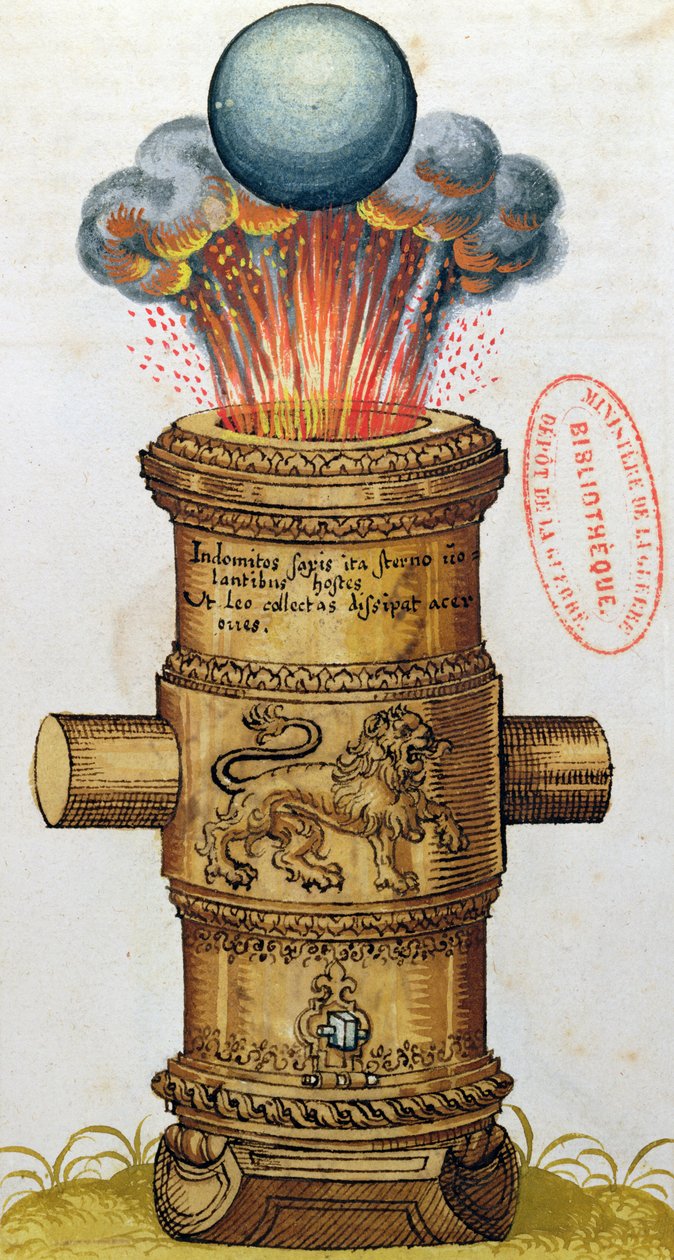Zvednuté dělo vystřelující dělovou kouli, od The Art of Artillery, 1570 (wc) od German School