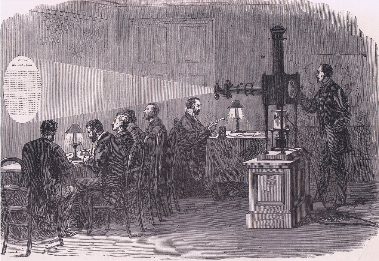 Čtení odletů balónů mikroskopem, Cassells History of the War between France and Germany vydané nakladatelstvím Cassell and Company Limited, kolem roku 1890 (litho) od German School