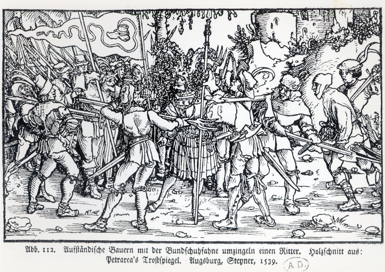 Rebelští rolníci obklopující rytíře, od ilustrace k Trostspiegel od Petrarca, 1539 od German School
