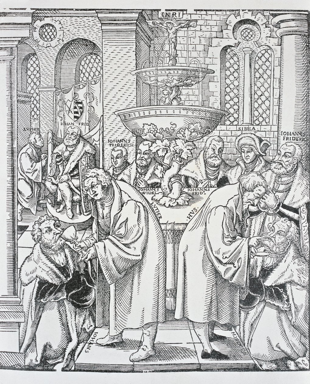 Reformátoři Martin Luther a Jan Hus podávající přijímání (rytina) od German School