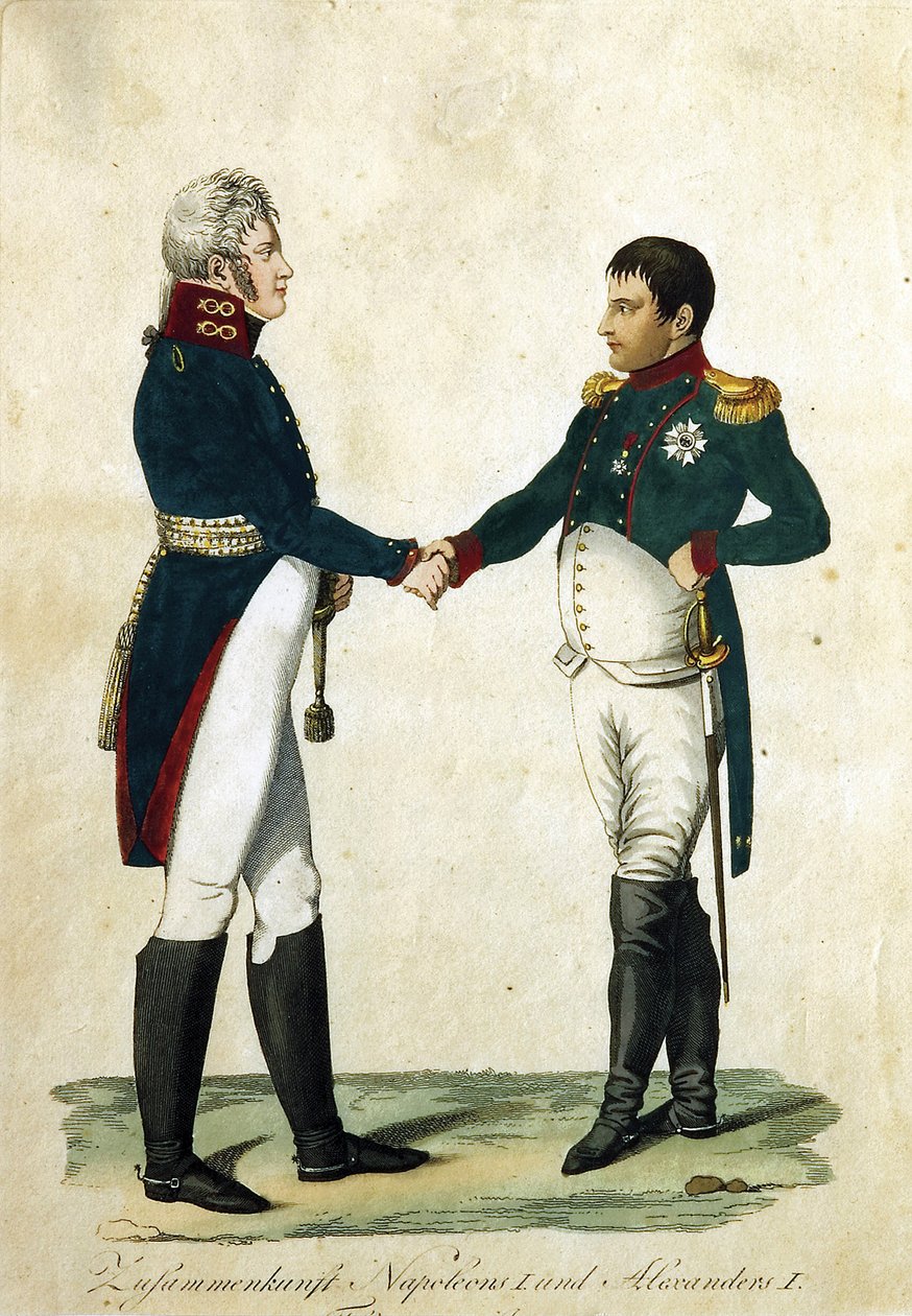 Setkání Napoleona (1769-1821) a cara Alexandra I. (1777-1825). (Setkání Napoleona a Alexandra I.). Anonymní práce, rytina a akvarel od German School