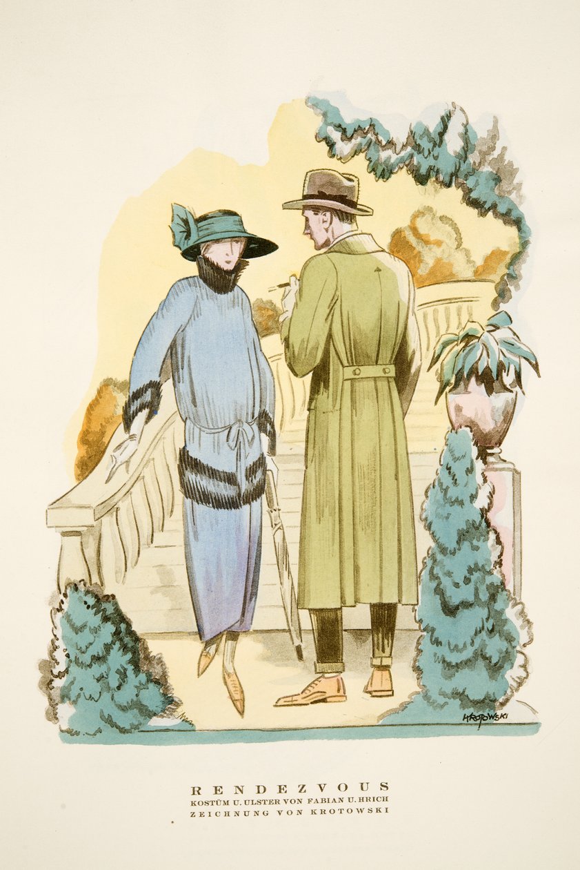 Rendezvous, outfit a kabát "Ulster" Fabian & Hrich ze Stylu, pub. 1922 (pochoir print) od German School