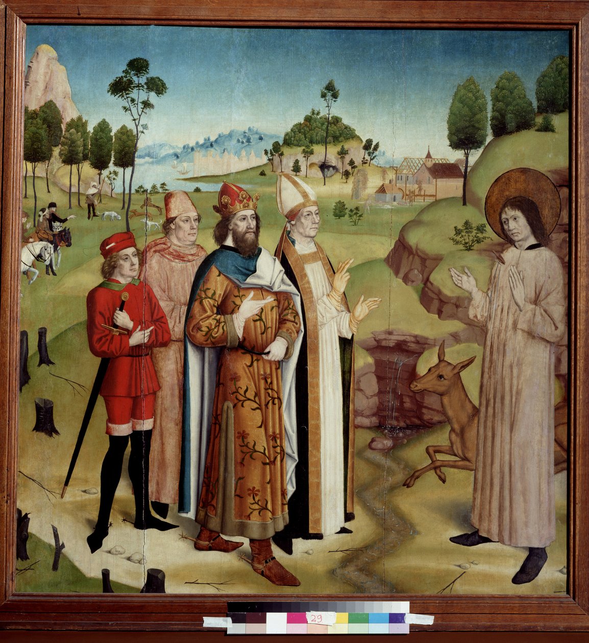 ""Reprezentace setkání vizigótského krále Wamby (672-680 po JC) a svatého Gillese poustevníka (nebo Aegidius) (7. století), zraněného šípem lovce, se svou laní"" (Svatý Jiljí a král Wamba na královském lovu) Distemper na eko dřevě od German School