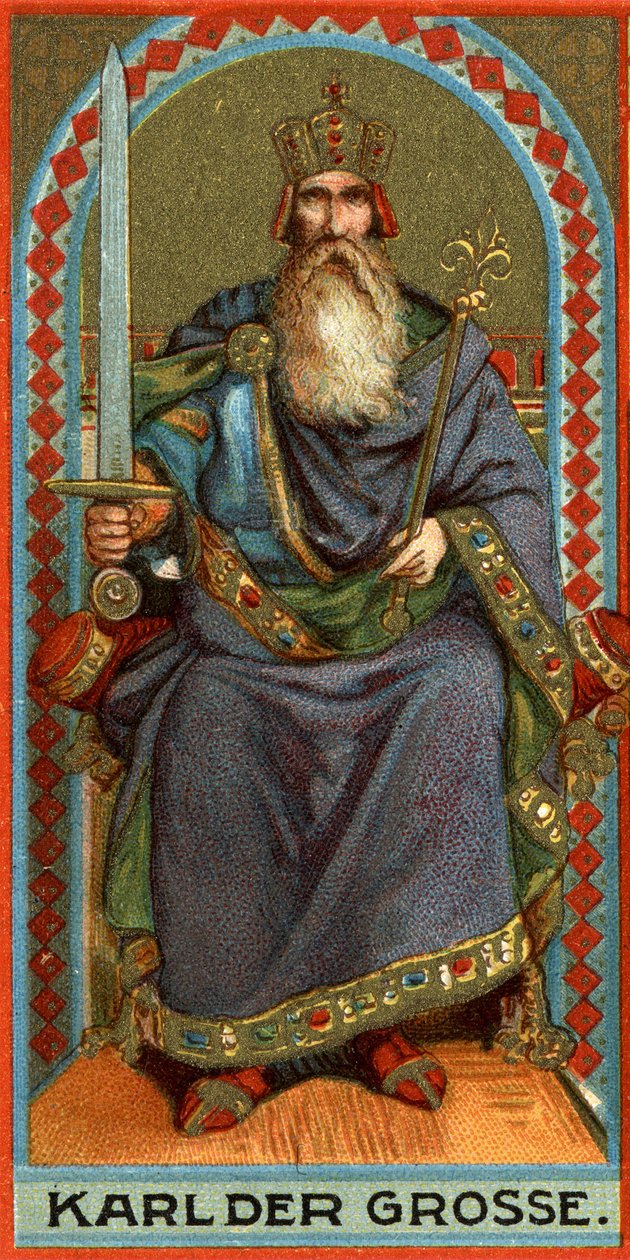 Zastoupení Karla Velikého (742-814), krále Franků, Langobardů a poté císaře. Chromolitografie od German School