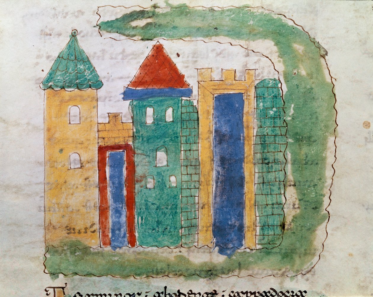 Znázornění miniaturního citátu z rukopisu „De Universo“ (nebo De rerum naturis (De la Nature des Chooses) (kód. 132) od Rabana Maura Magnentia (nebo Rabana Maura nebo Rabana Maura) (asi 780-856) 9. stol. Archiv opatství Monte Cassino (Mount od German School