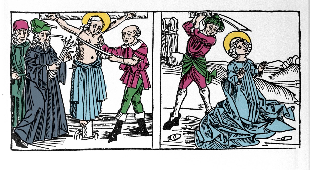 Znázornění mučednické smrti svaté Seraphie (Serapia) (Serafie Sýrie), křesťana 2. století. Rytina z „Leben der Heiligen - sommerteil“ (Kniha světce) od Jacoba (Jakuba) z Voragine (1228-1298). Lubeck 1488. od German School