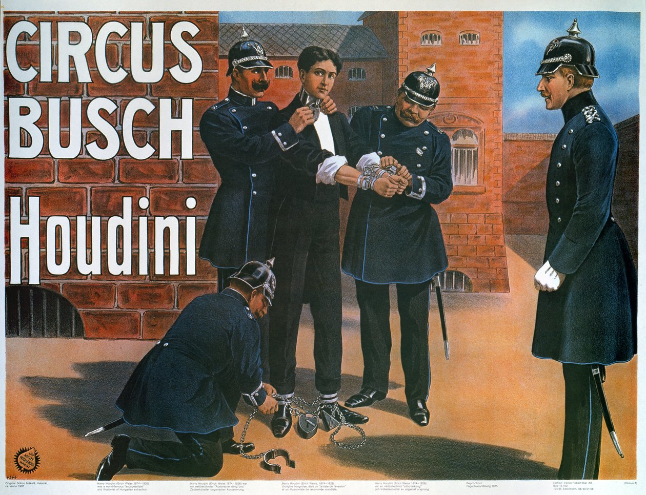 Reprodukce plakátu z roku 1907 zobrazující Houdiniho před útěkem z německého vězení od German School