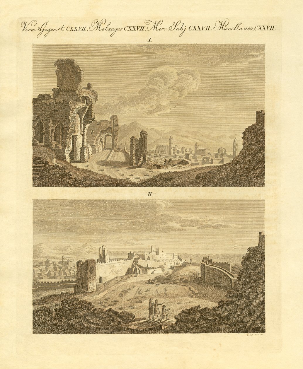 Ruiny starého města Sagunto ve Španělsku (barevná rytina) od German School