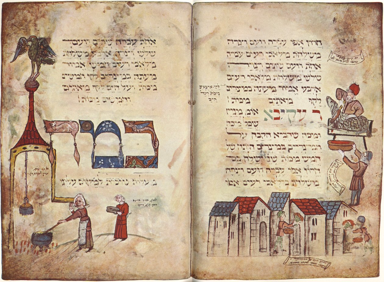 Obětování velikonočního beránka a úryvek z knihy Rabi Akiva, Exodus 12, verš 22, Hagada (pergamen) od German School