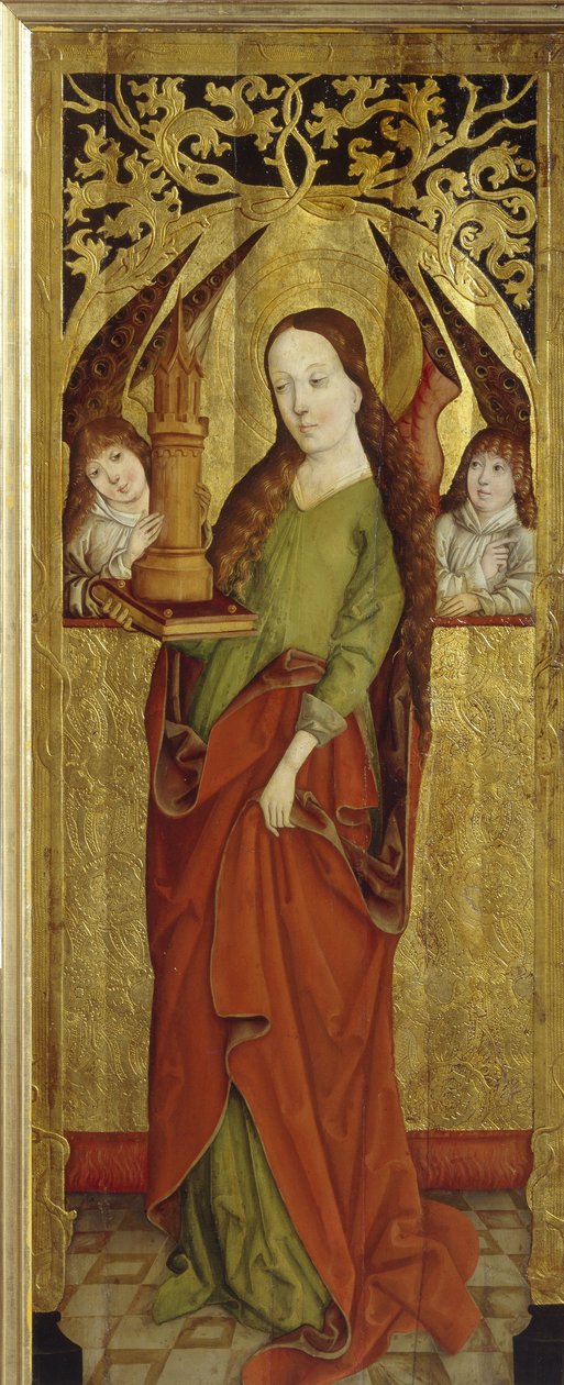 Sainte Barbe nebo Barbe velký mučedník (3. století). (Svatá Barbora). Na plošině nese věž se třemi okny. Obraz vestfálského mistra (činný mezi 1470 a 1480), olej na dřevě, cca 1470-1480. německé umění od German School
