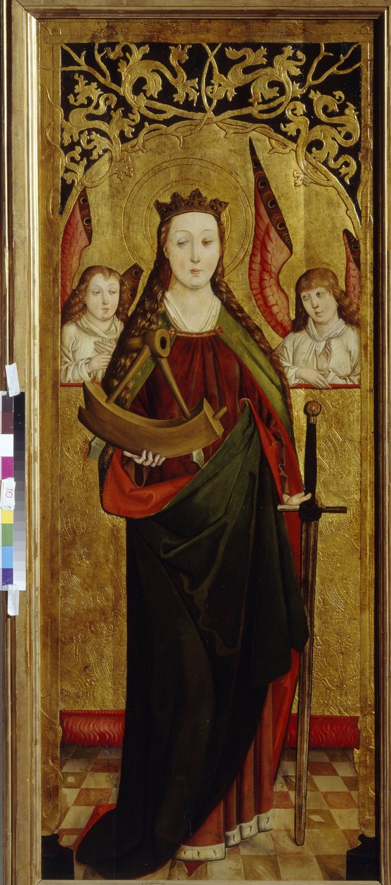 Svatá Kateřina Alexandrijská (asi 290-307) (Svatá Kateřina). Nesoucí kus kola mučení svého mučednictví. Obraz vestfálského mistra (činný v letech 1470–1480), olej na dřevě, cca 1470–1480. německé umění od German School