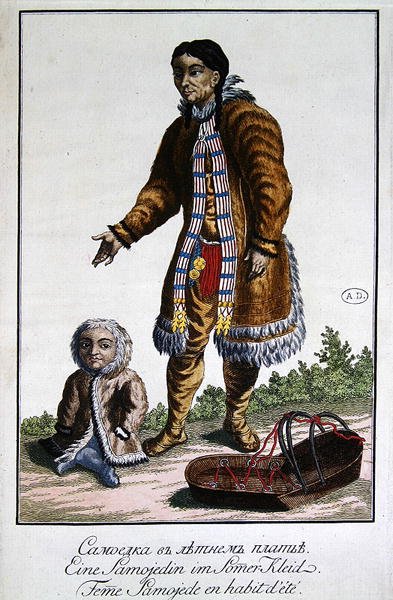 Samojedka v letním oděvu s dítětem a kolébkou, konec 18. století (kolorovaná rytina) od German School