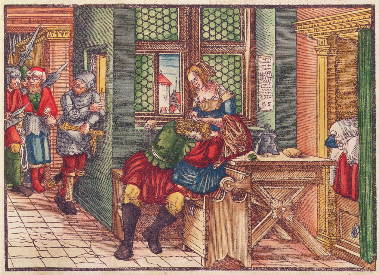 Samson a Dalila, z Lutherovy bible, kolem roku 1530 (barevný dřevoryt) od German School