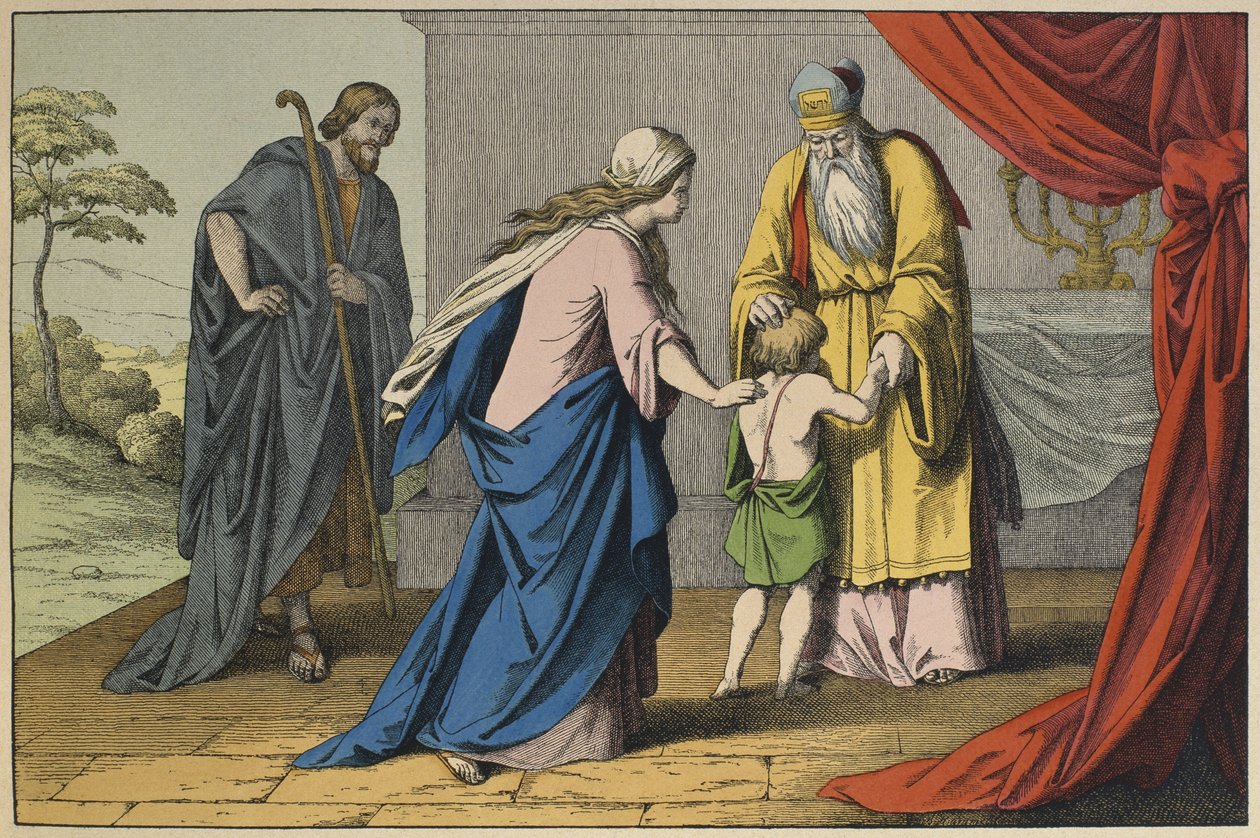 Samuel a Eli, ilustrace z LAncien Testament, vydal Jakob Ferdinand Schreiber, Esslingen (barevná rytina) od German School