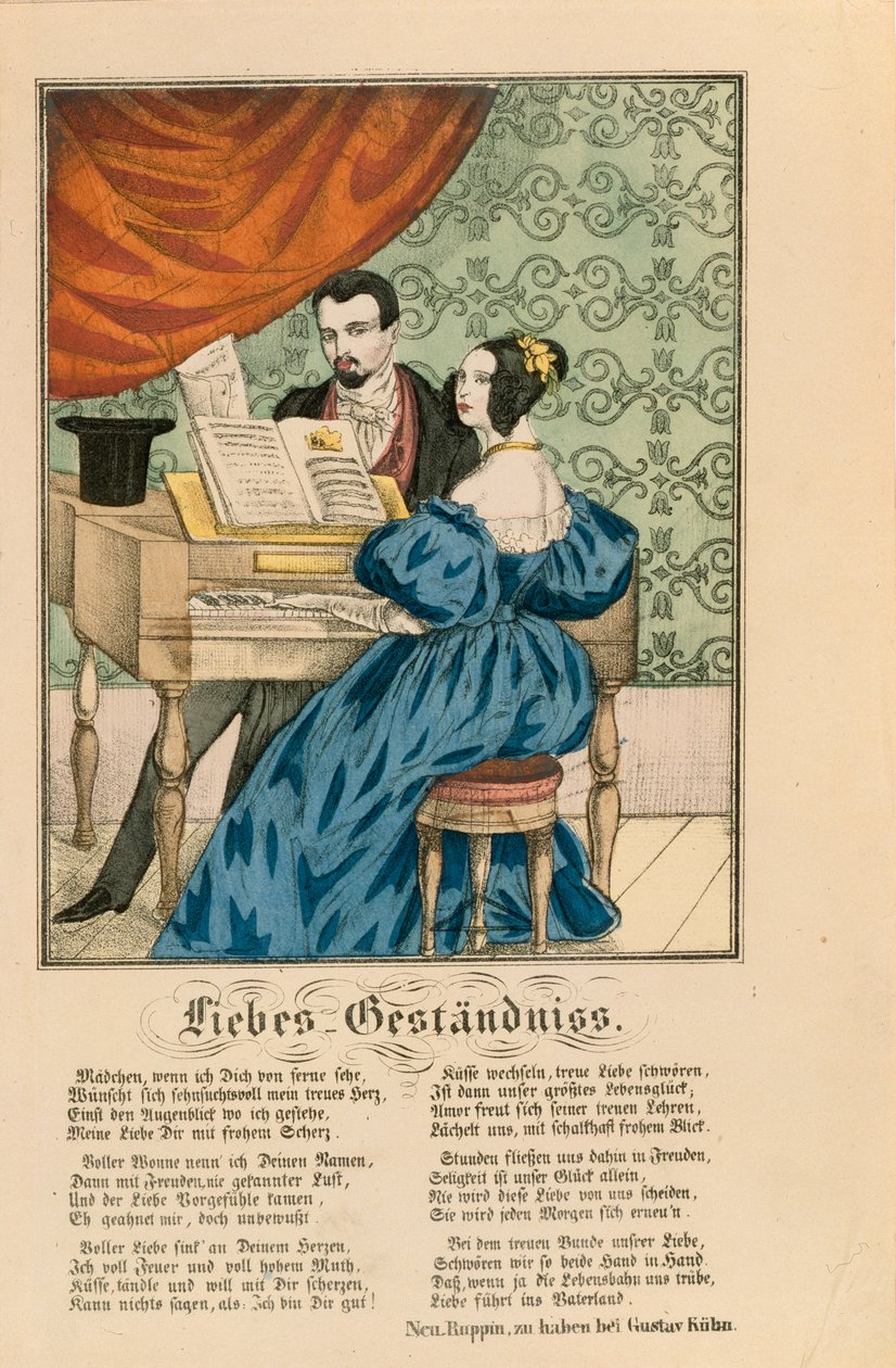 Scéna zobrazující pár u klavíru, pod nímž je napsána milostná báseň, z Neuruppiner Bilderbogen, 1850 od German School