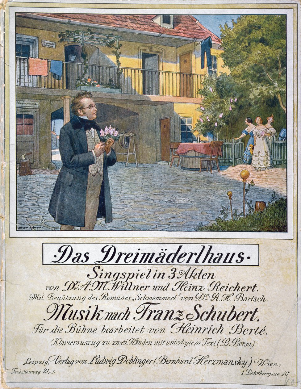 Obálka partitury Das Dreimaederlhaus (Dům tří dívek) zobrazující Schuberta před domem, 1916 od German School