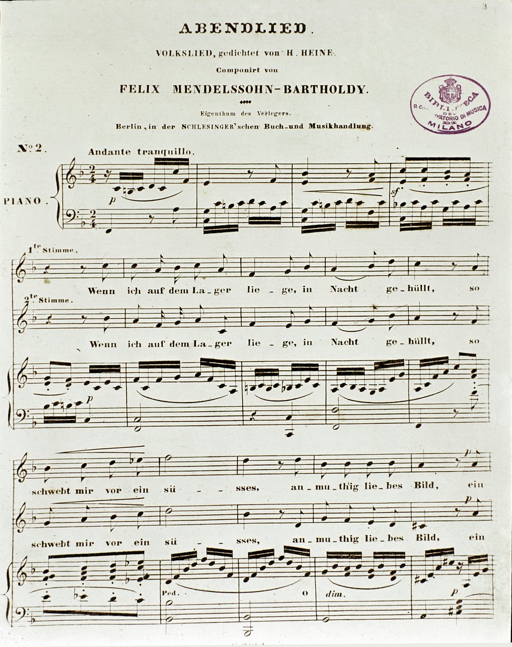 Stránka skóre Abendlied od Felixe Mendelssohna od German School